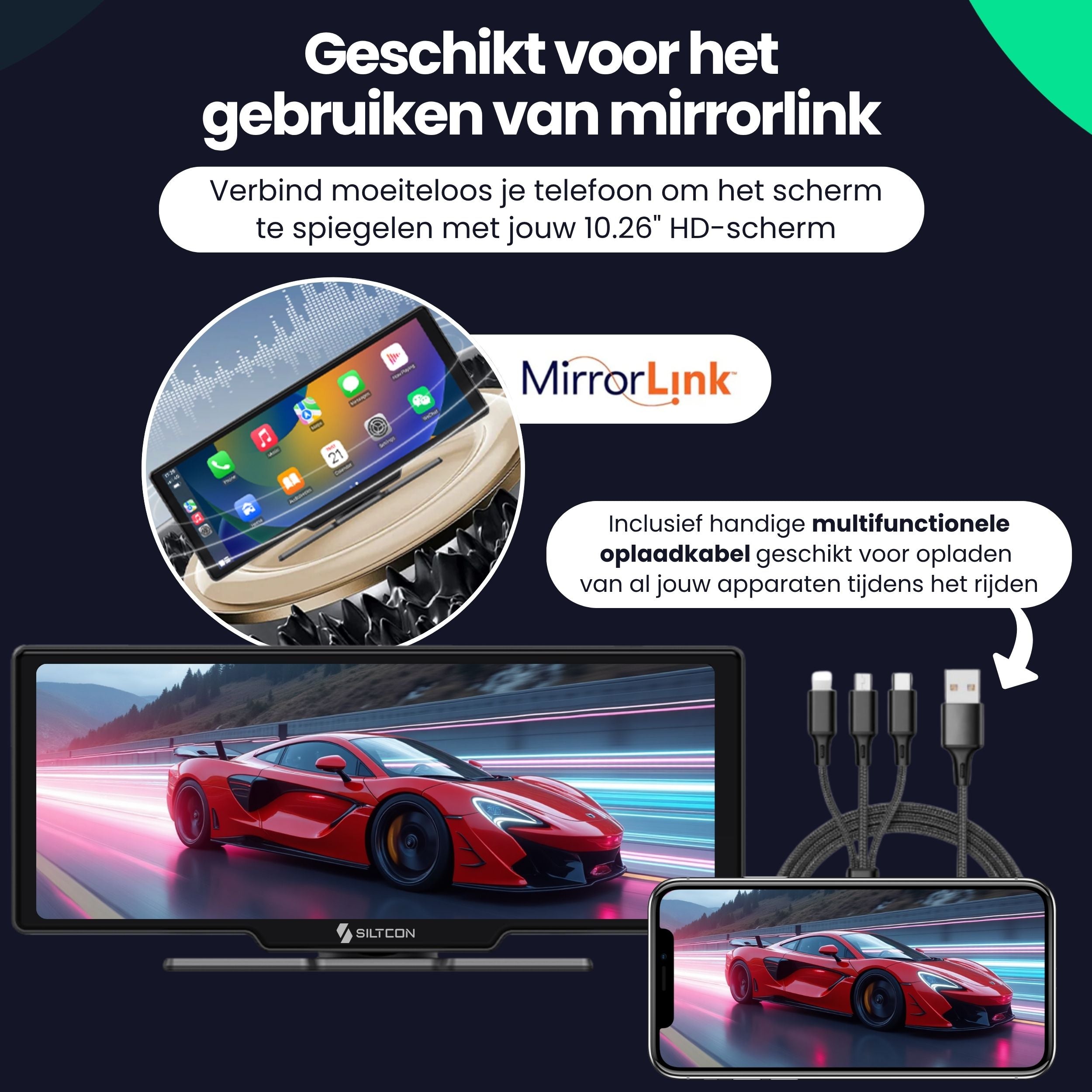 Siltcon 10.26” CarPlay Scherm – Draadloos voor iOS & Android