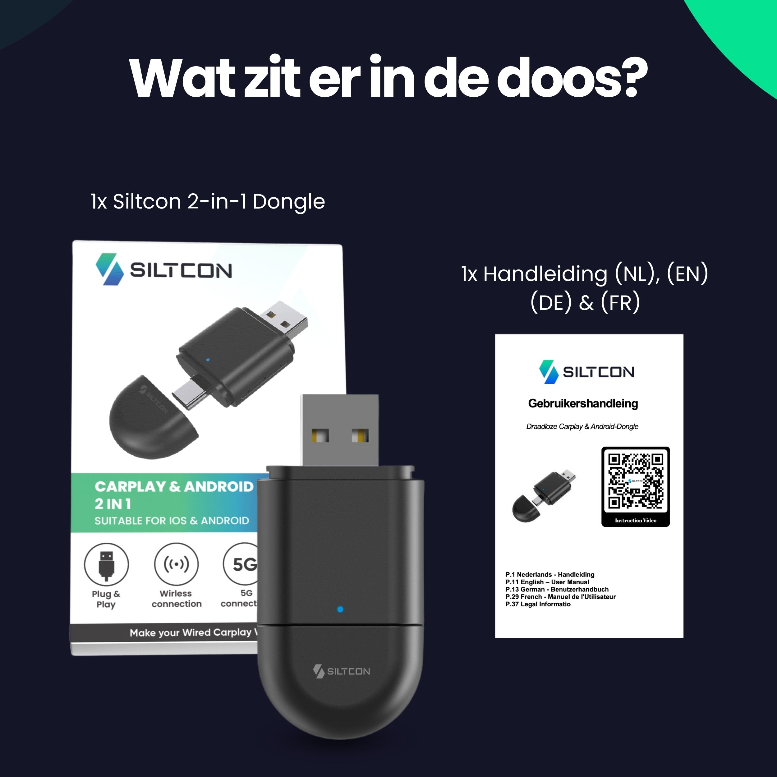 Siltcon®  2-in-1 Carplay Dongle - Android Auto - USB - USB-C - Zwart - Zonder kabels