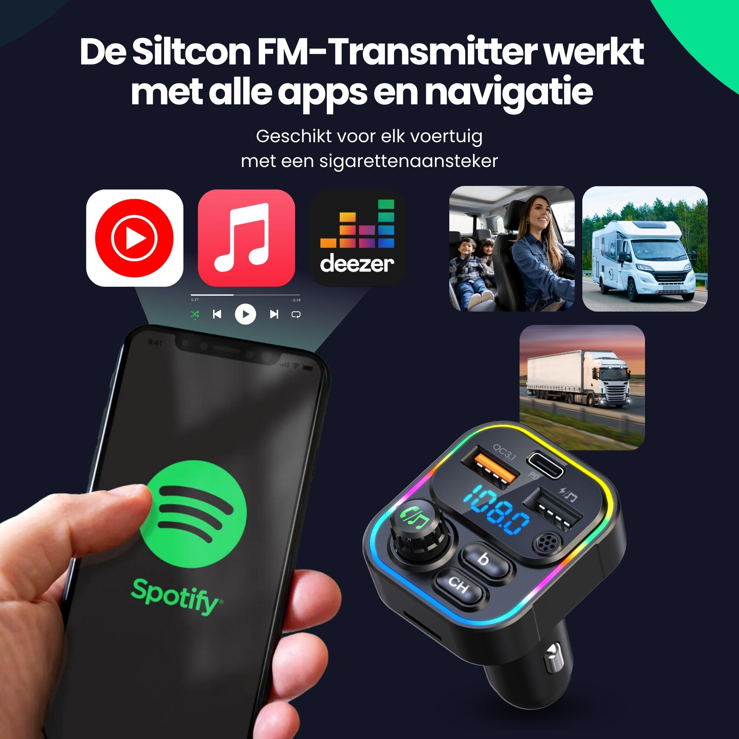 Siltcon® FM Transmitter - USB-C lader 22.5W - Carkit - USB-A - SD Kaart - BT 5.3 - 2024 model