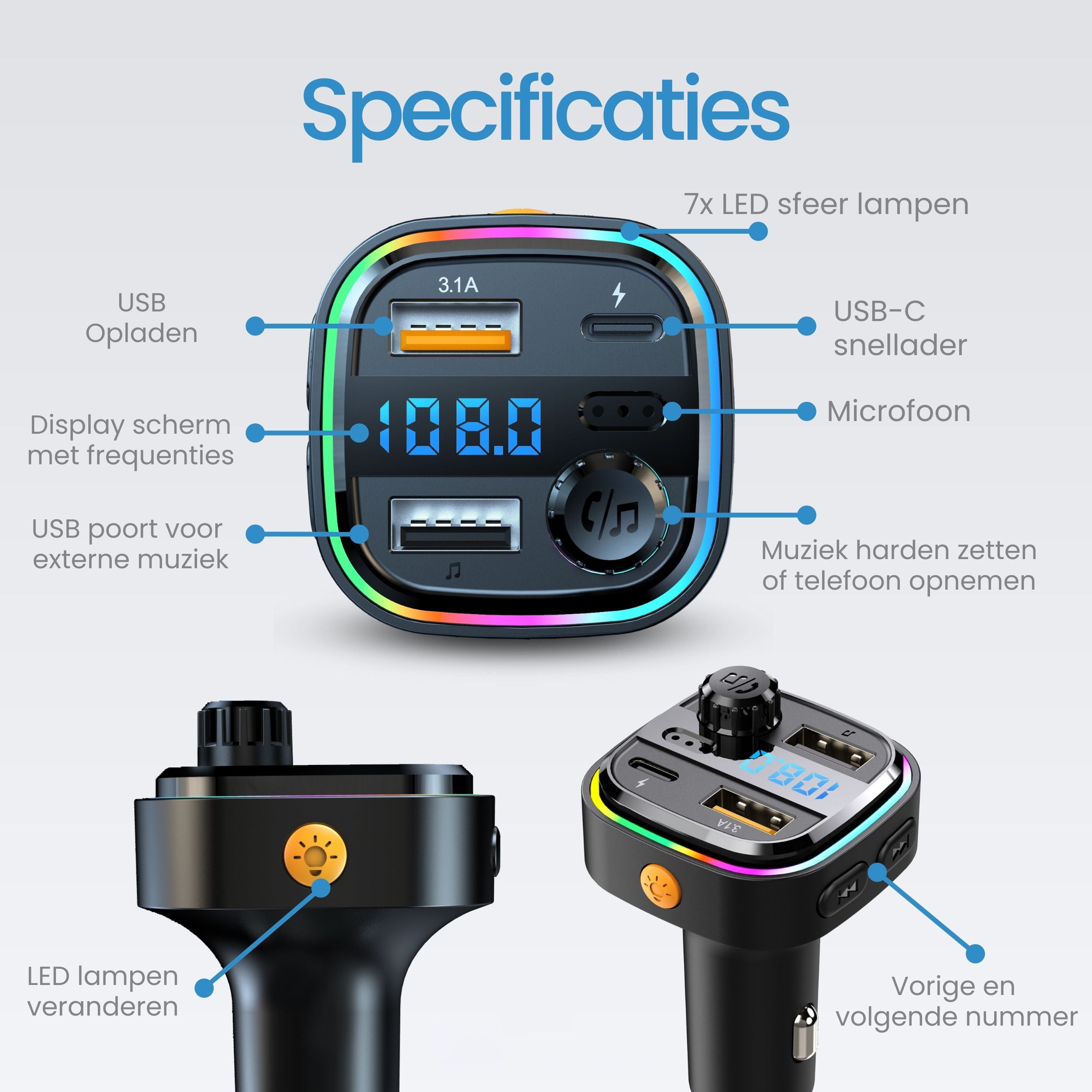 Siltcon® FM Transmitter - Bluetooth Transmitter - USB-C Snellader - Carkit