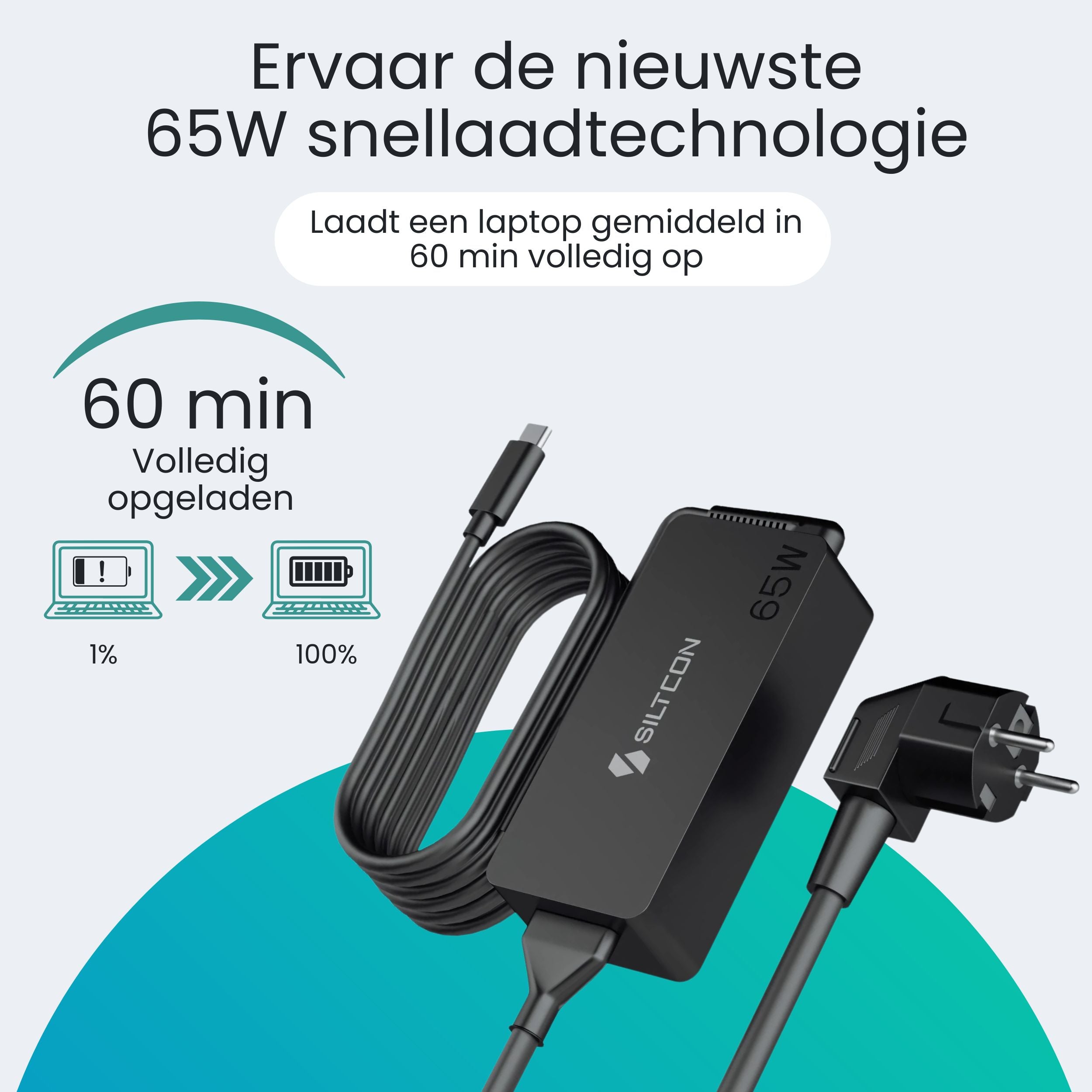 Siltcon 65W USB-C Adapter – Snelladen zonder gewicht – Universeel voor al je apparaten