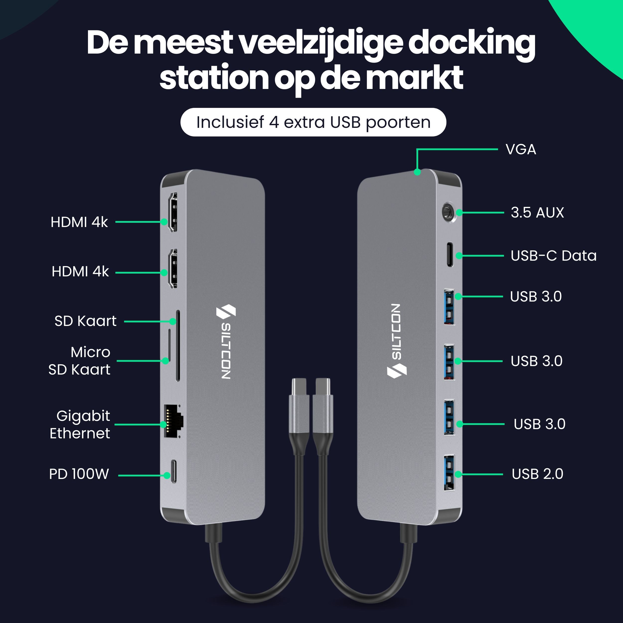 Siltcon® 13 in 1 Docking Station Laptop - 2x HDMI 4K - 100W Snelladen - RJ45 Gigabit - 1x VGA - 4x USB 3.0 - 2x USB-C - SD/TF - Audio 3.5MM