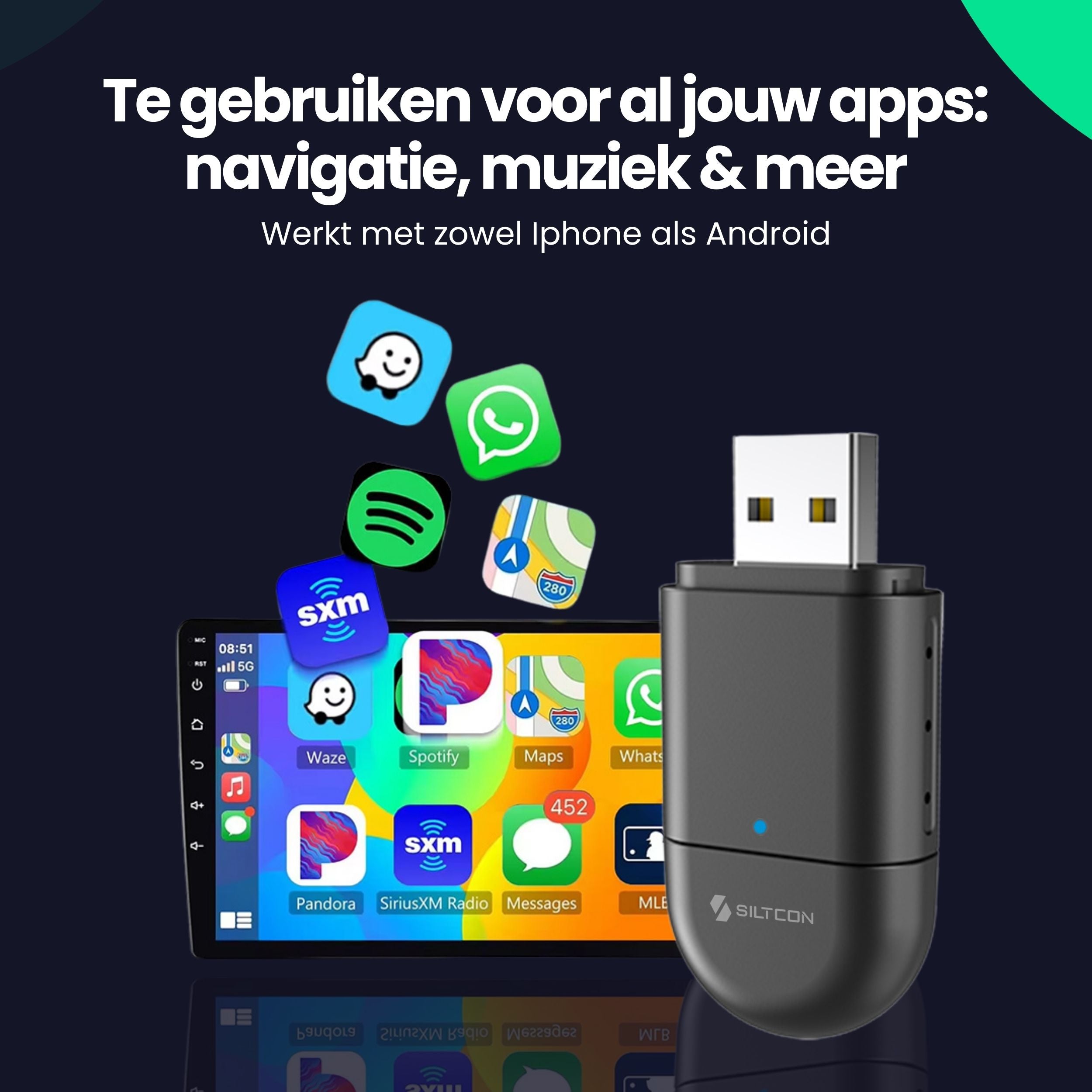 Dongle Carplay 2-en-1 Siltcon® - Android Auto - USB - USB-C - Noir - Sans câbles