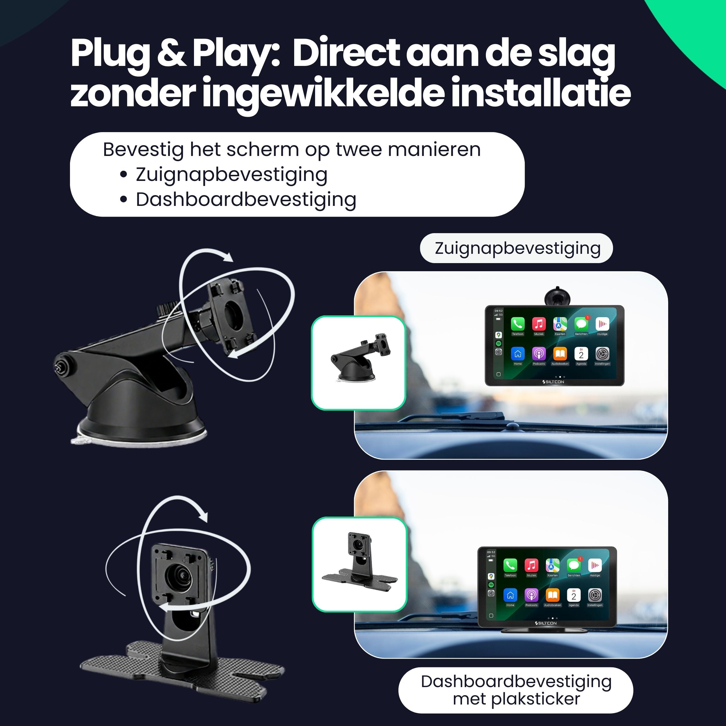 Siltcon CarPlay Scherm 7 Inch – Geschikt voor Apple & Android – Draadloos gebruik