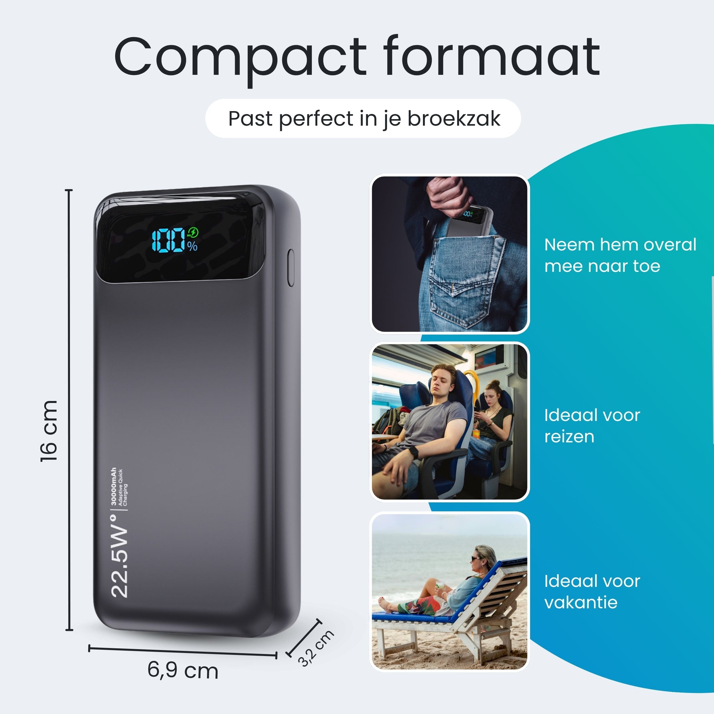 Siltcon Powerbank 30000 mAh – Snelladen & Ingebouwde Kabels