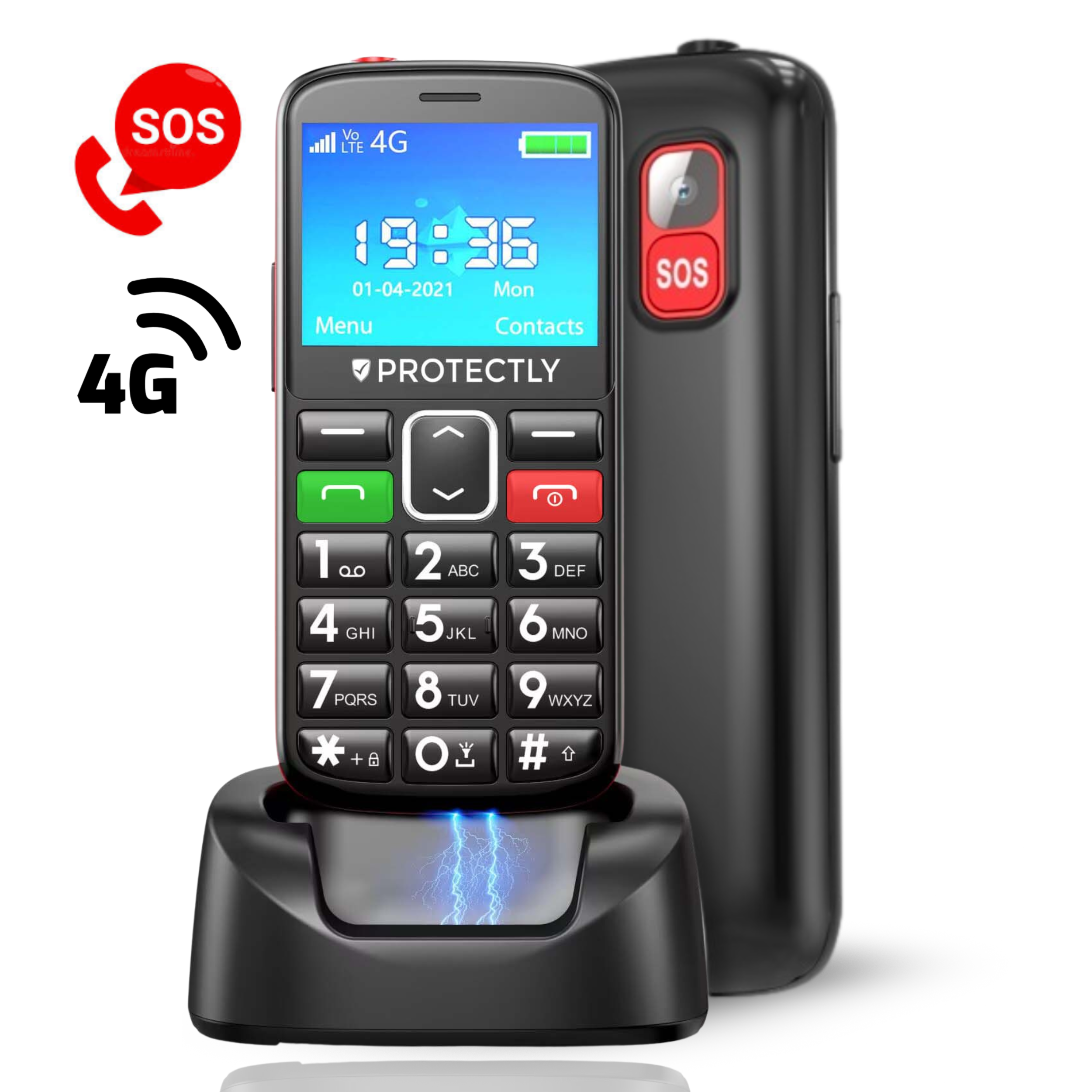 Protectly® Senioren Telefoon 4G - Mobiele Telefoon Met SOS-Knop - Smartphone Voor Senioren - Grote Toetsen - Inclusief Simkaart - Oplaadstation - Simlockvrij