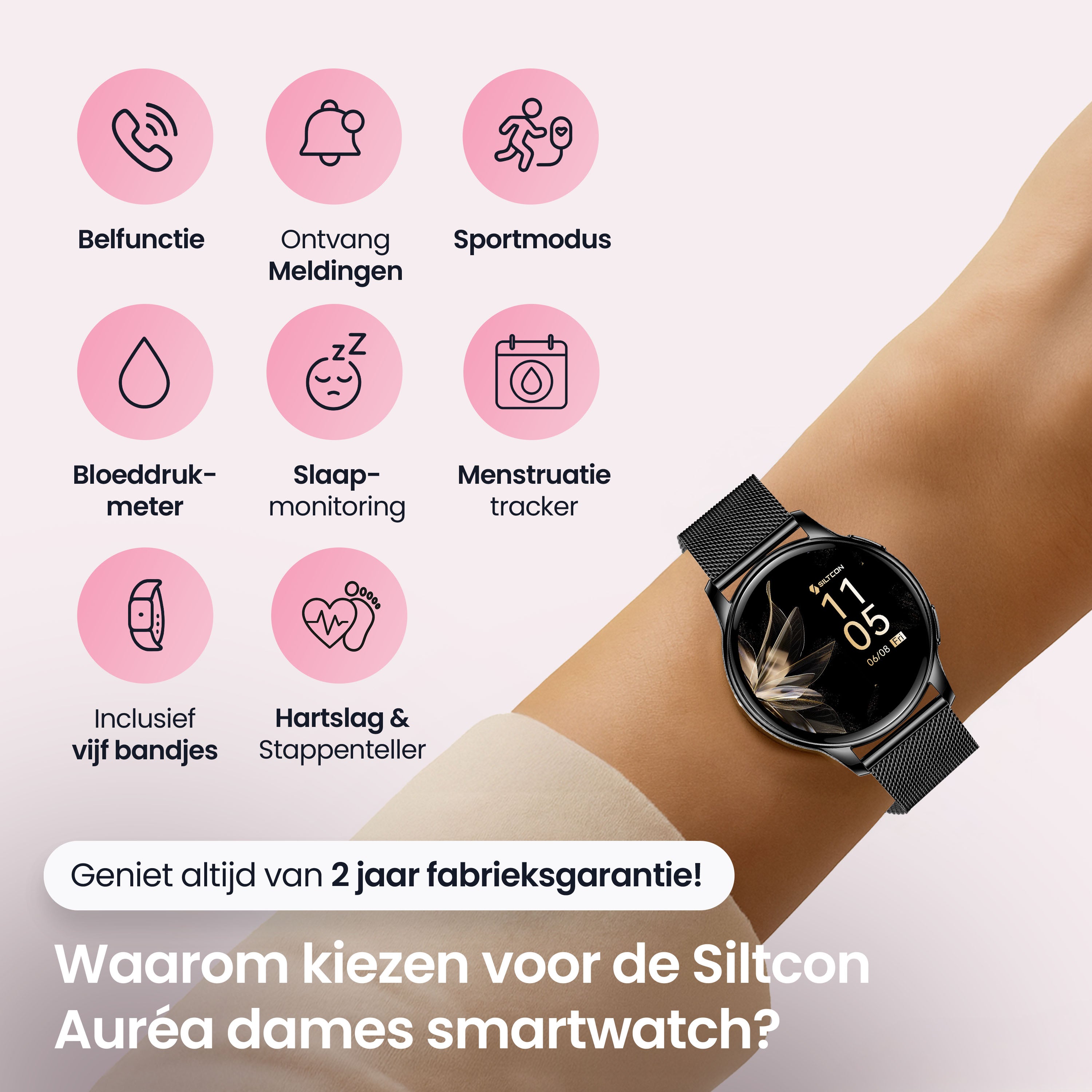 Siltcon Auréa Smartwatch Dames Zwart – Stijlvol & Gezondheidsgericht - Siltcon