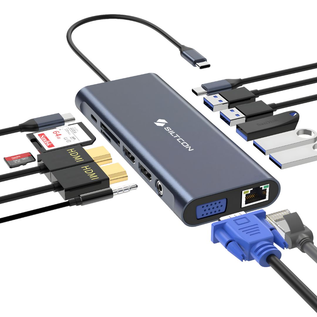 Hub USB C Siltcon® 14 en 1 - Station d'accueil pour ordinateur portable 2x HDMI 4K - VGA - RJ45