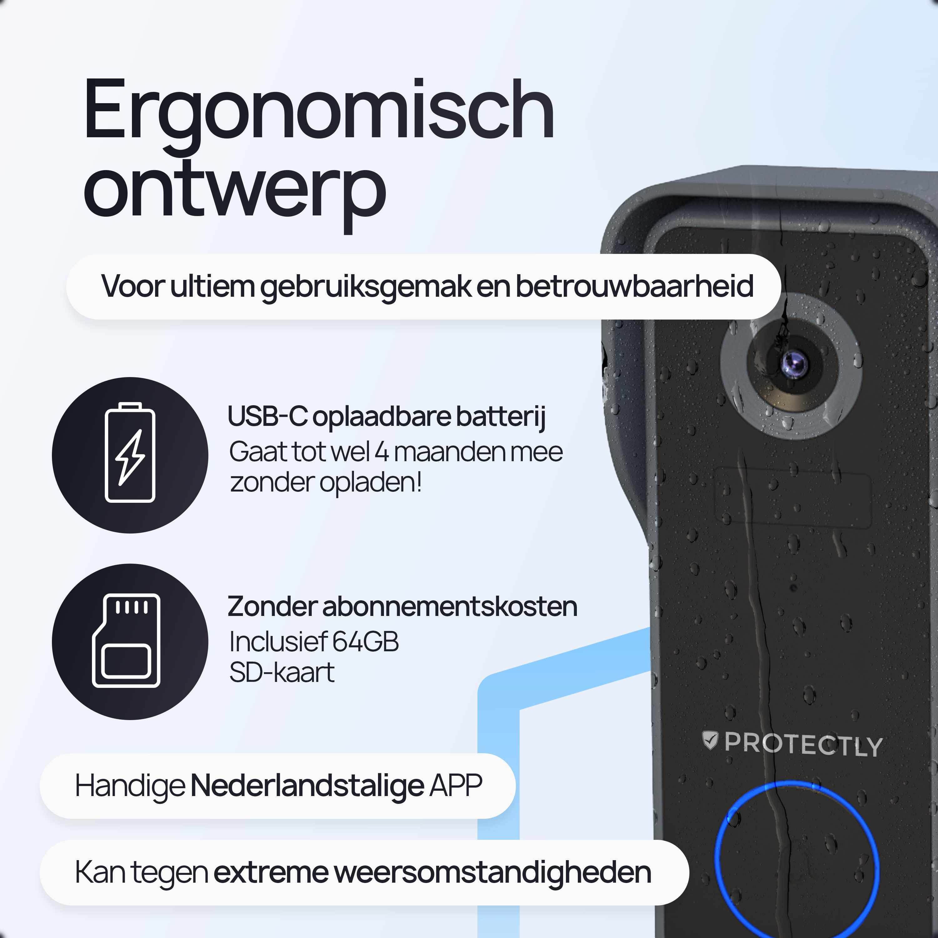 Protectly® Slimme Draadloze Video Deurbel Met Camera 2K - Incl. 64GB SD - Geen Abonnement - 2K Ultra HD