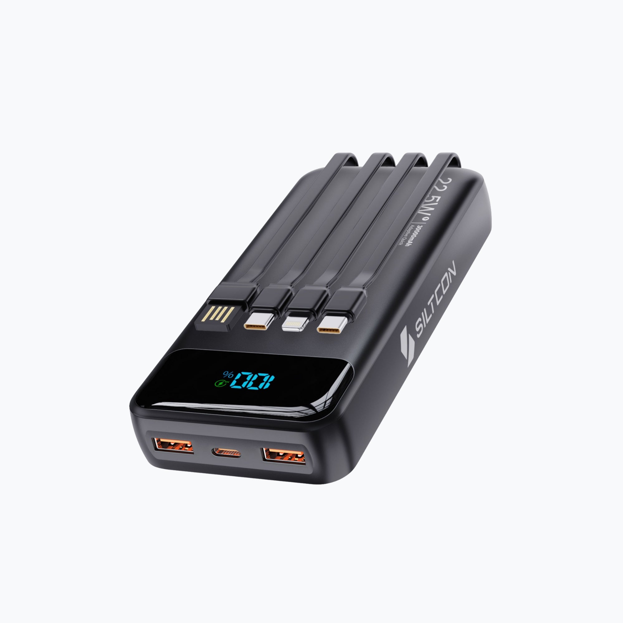 Siltcon Powerbank 30000 mAh – Snelladen & Ingebouwde Kabels