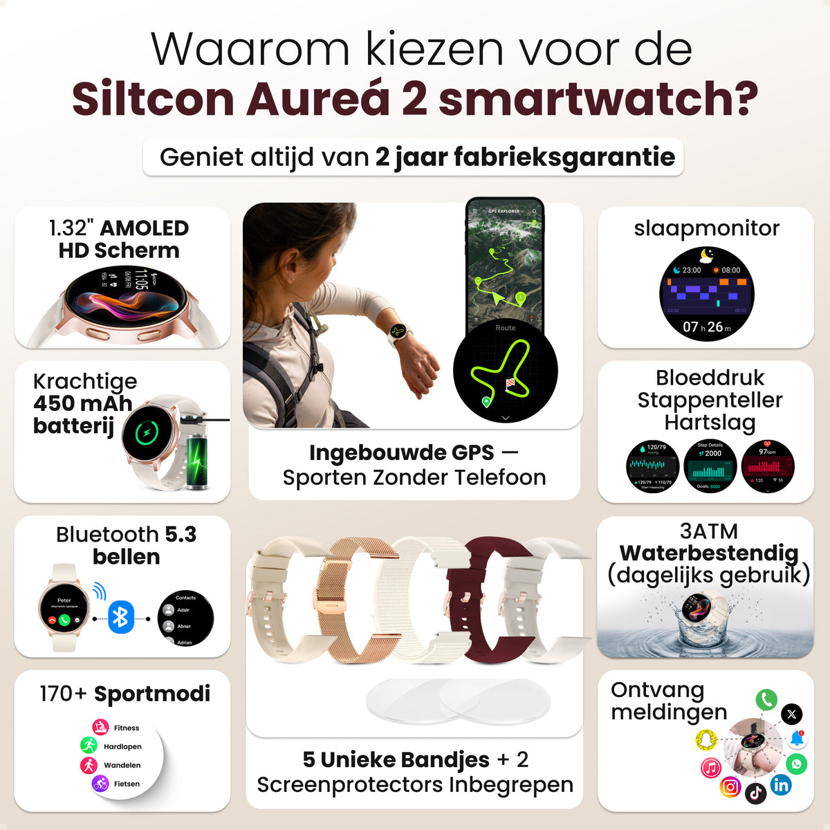 Siltcon® Auréa 2 Smartwatch dames - Mat Goud