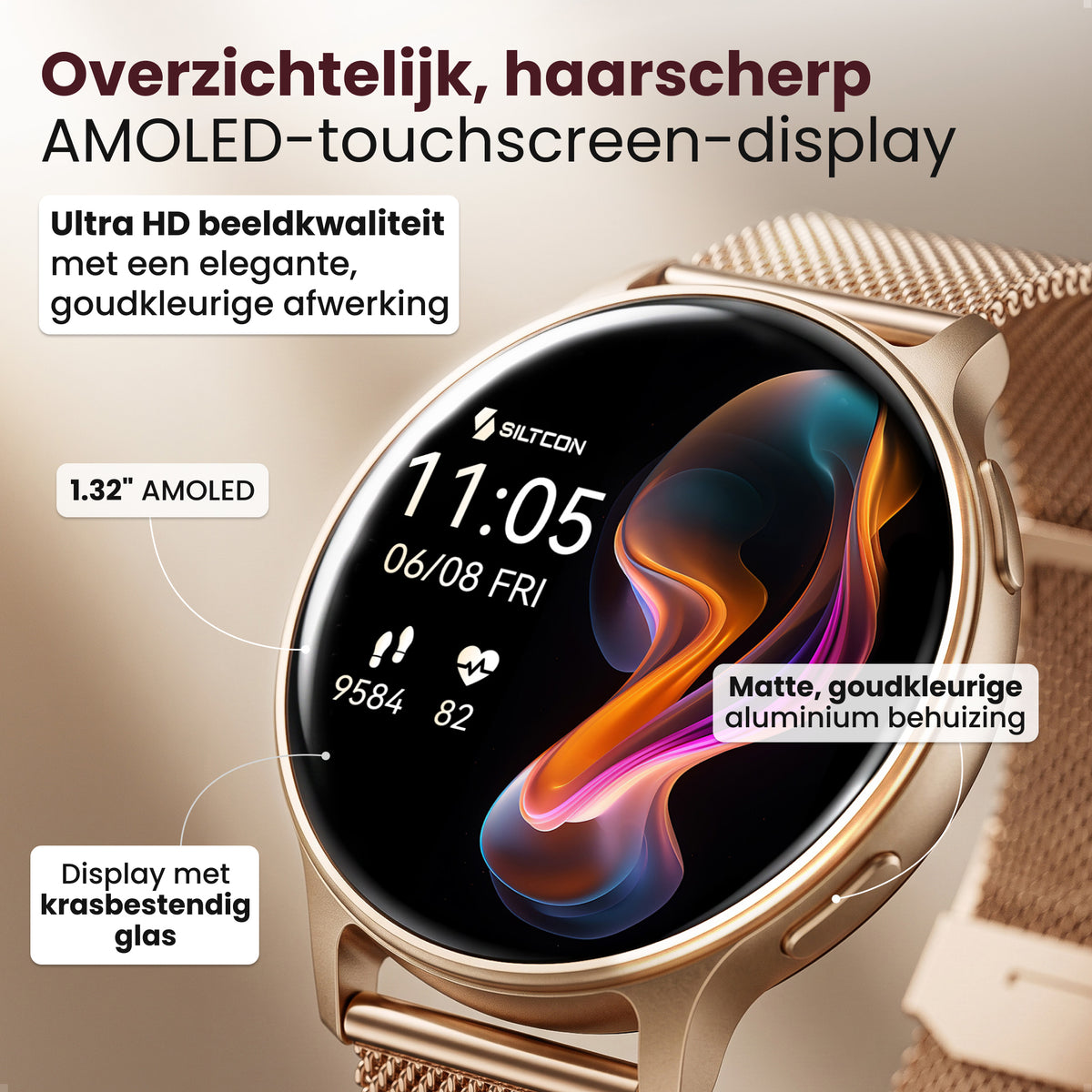 Siltcon® Auréa 2 Smartwatch dames - Mat Goud