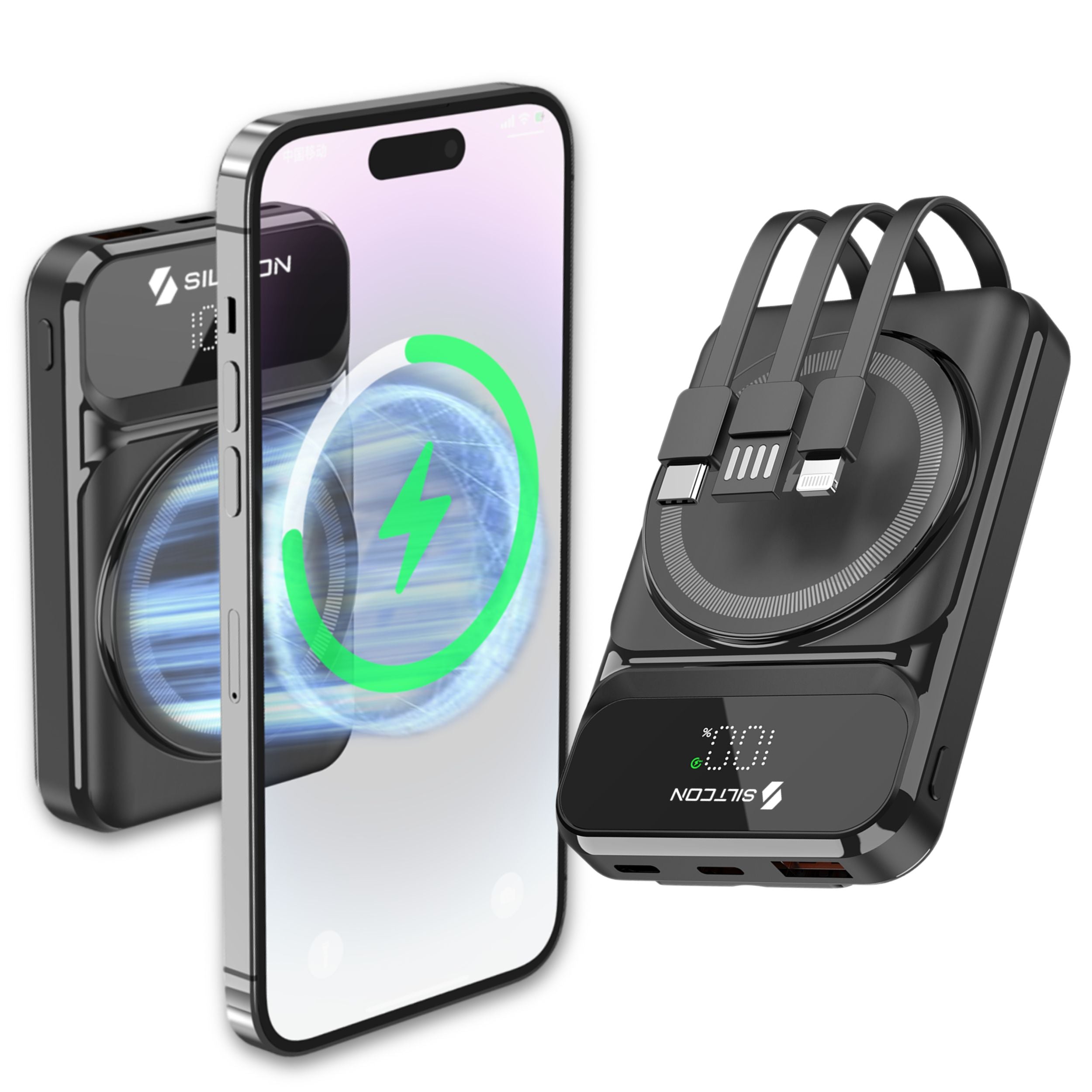 Siltcon® 7-in-1 Kabellose Powerbank - Geeignet für Magsafe Powerbank 15W - Kabelloses Laden für iPhone geeignet - 22,5W Schnellladen - LED-Anzeige - USB-C - Kompatibel mit iPhone 12/13/14/15/16 - 3 Integrierte Kabel - Extra Kompakt - Schwarz