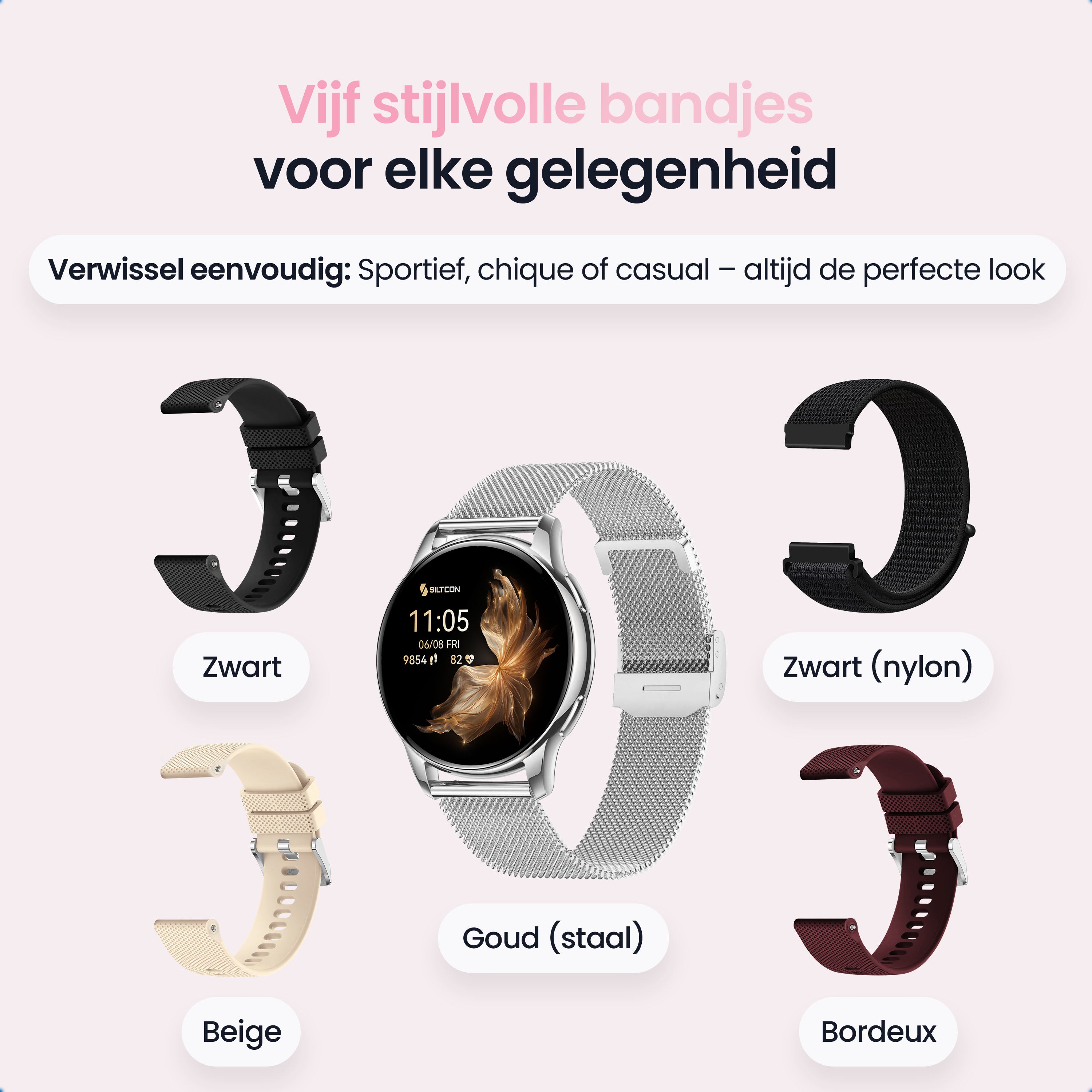 Siltcon Auréa Smartwatch Dames Zilver – Incl. 5 bandjes - Siltcon