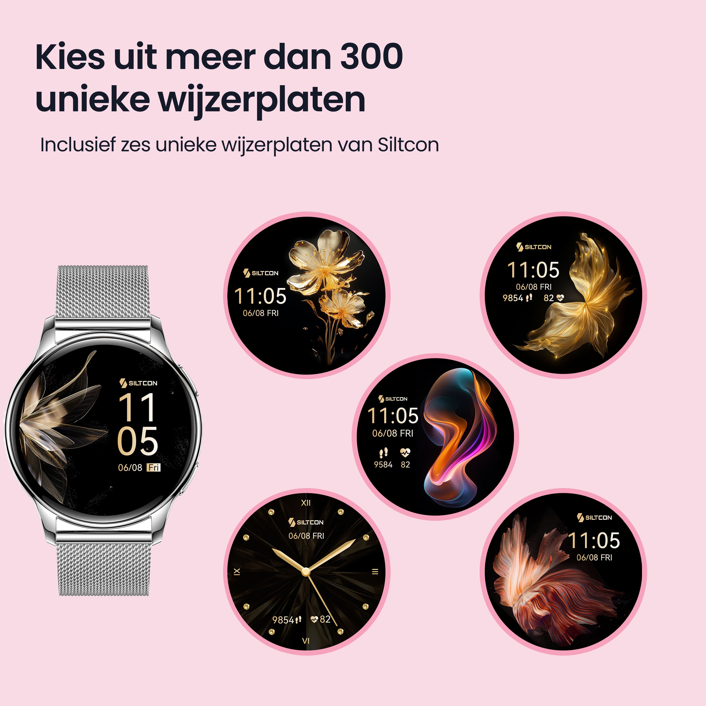 Siltcon Auréa Smartwatch Dames Zilver – Incl. 5 bandjes - Siltcon