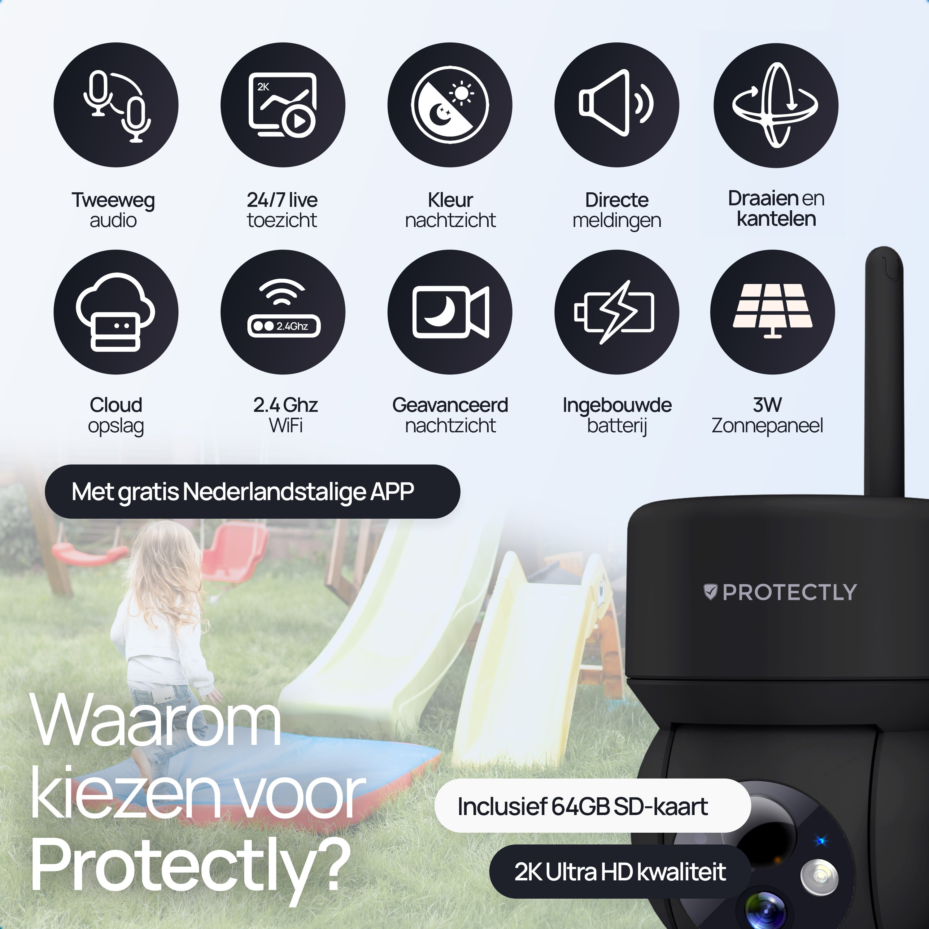 Protectly – Draadloze Beveiligingscamera Zwart – 2K Nachtzicht & Appbediening