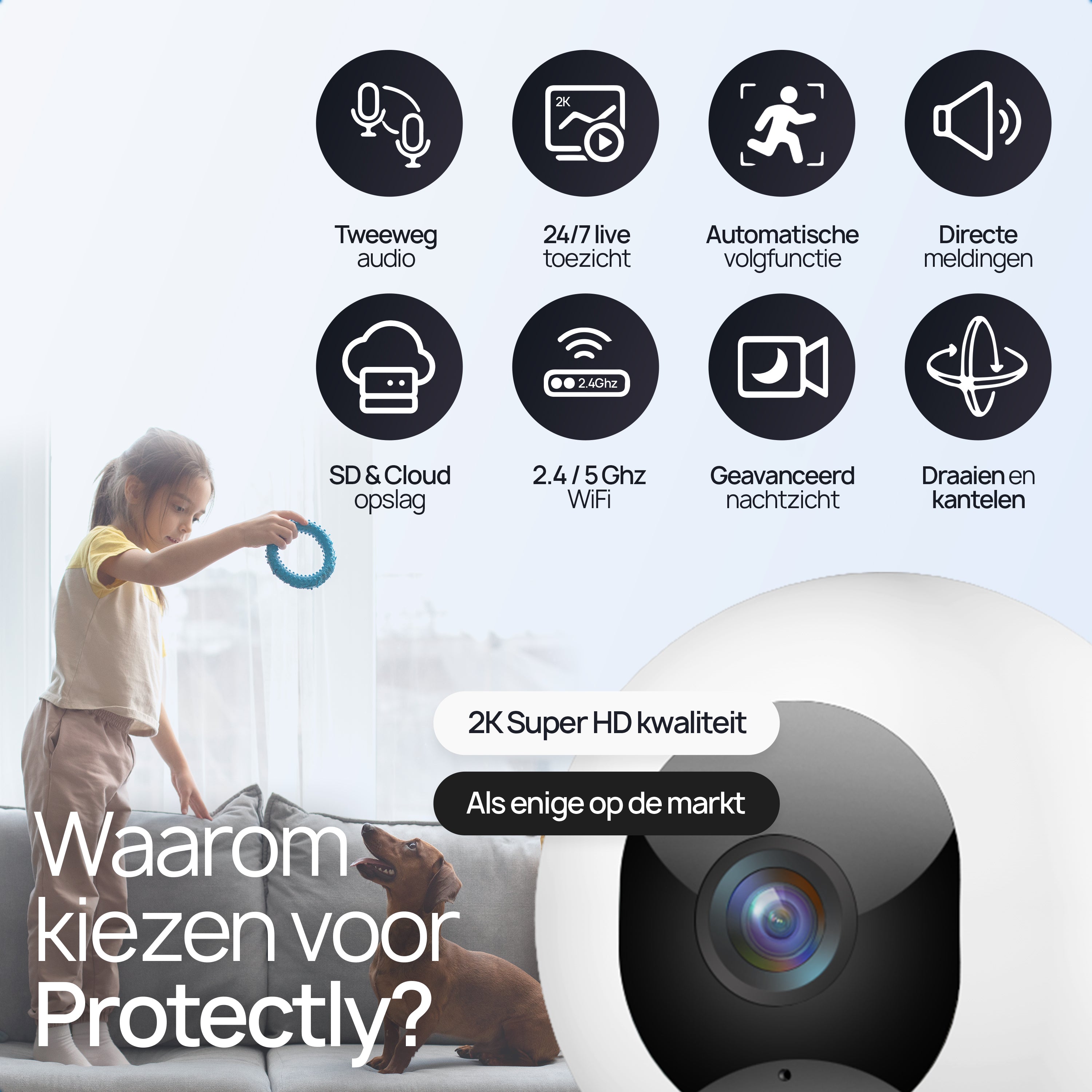 Protectly Beveiligingscamera Binnen – 2K Camera Baby & Huisdier