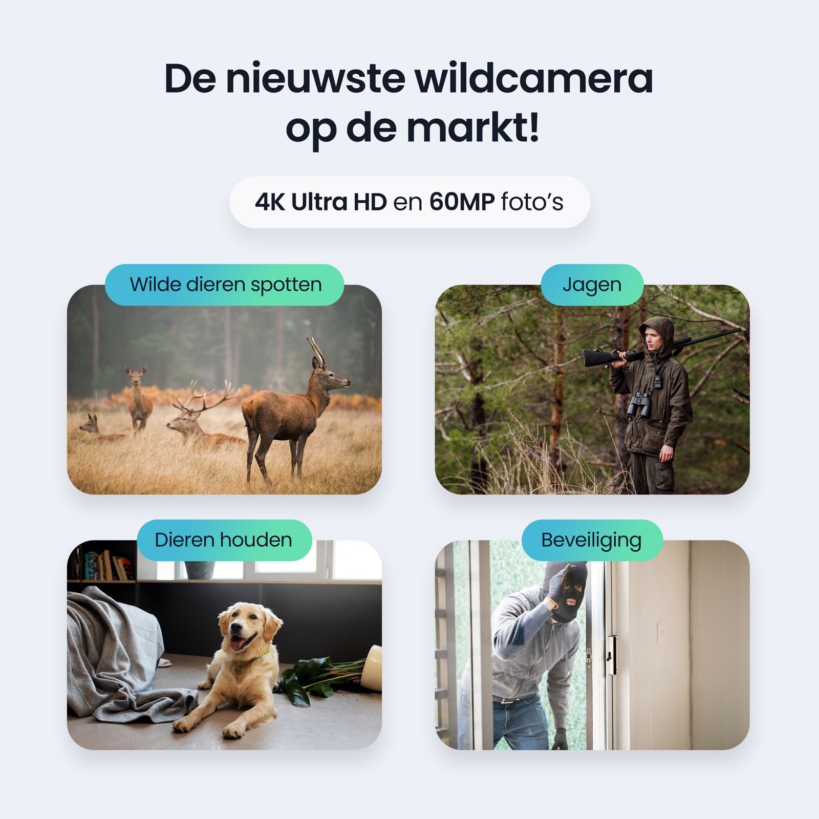 Caméra Siltcon®Wild - 4K Ultra HD & 60MP - Caméra animalière extérieure - APP WiFi - Incl. SD 128 Go - Trépied - 12 batteries - Modèle 2024