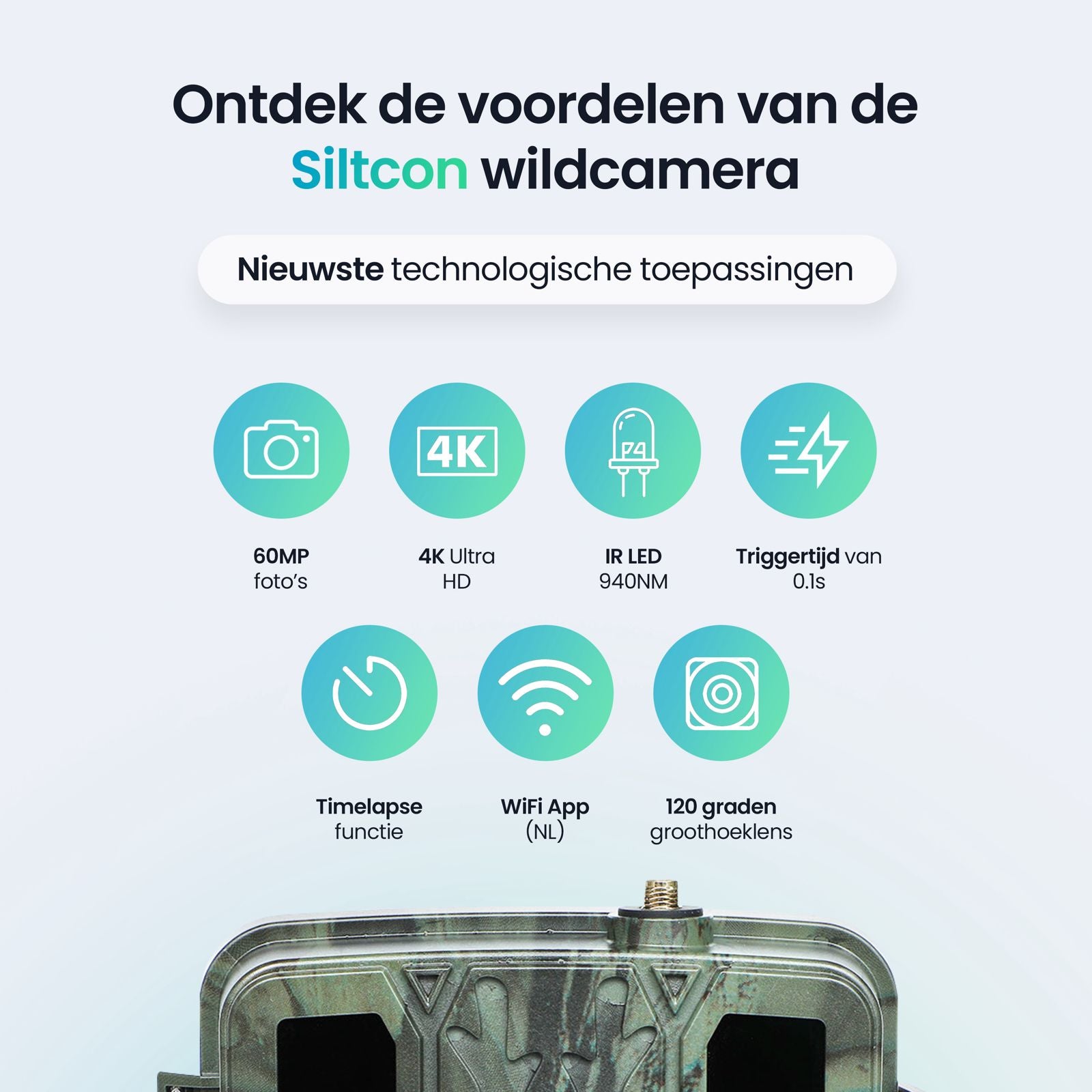 Caméra Siltcon®Wild - 4K Ultra HD & 60MP - Caméra animalière extérieure - APP WiFi - Incl. SD 128 Go - Trépied - 12 batteries - Modèle 2024