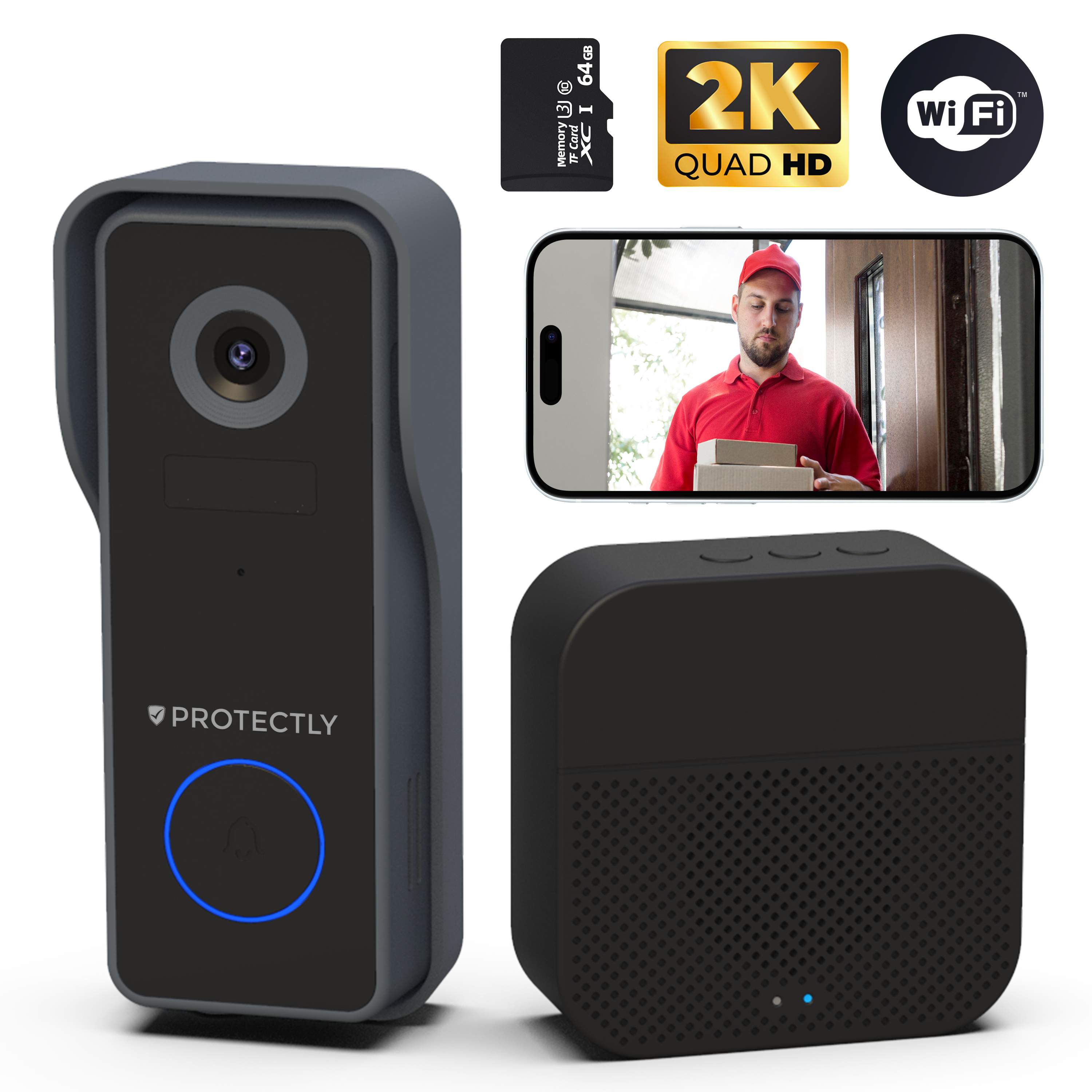 Sonnette vidéo intelligente sans fil Protectly® avec caméra 2K - Incl. SD 64 Go - Sans abonnement - 2K Ultra HD