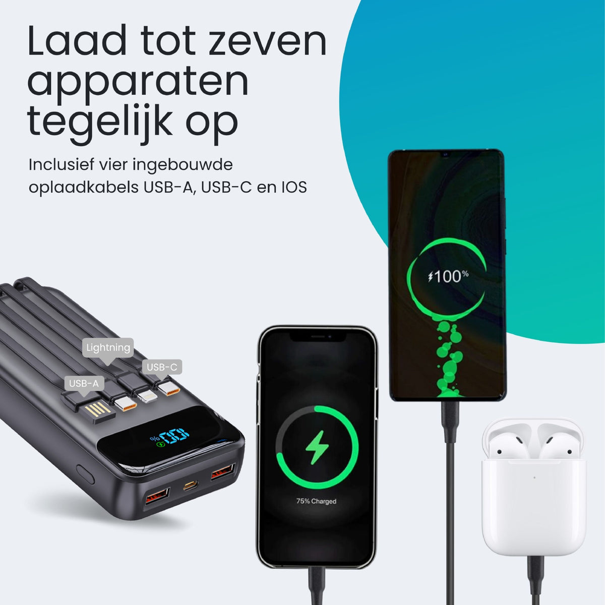 Siltcon® Powerbank 27000 mAh - ingebouwde kabels
