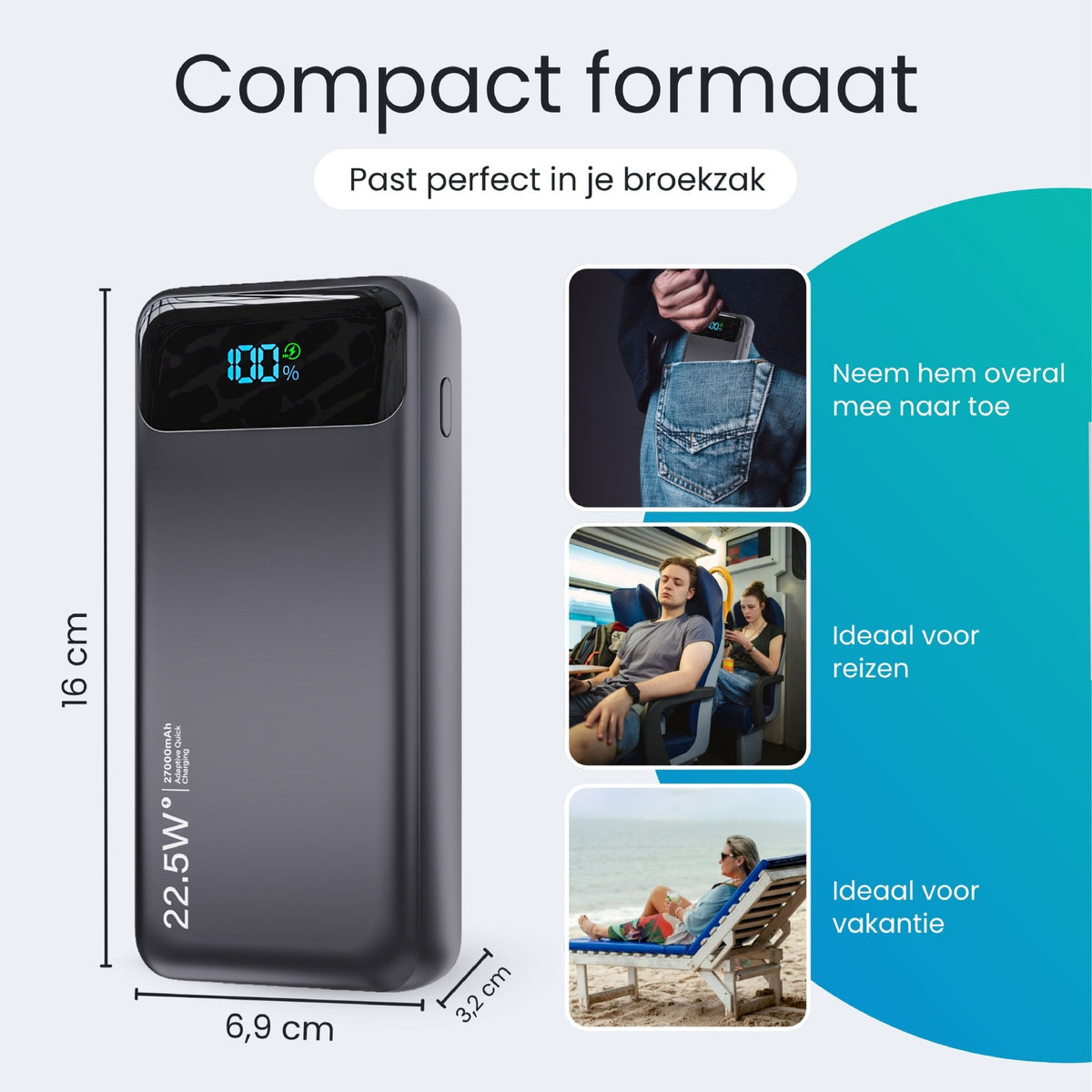 Siltcon® Powerbank 27000 mAh - ingebouwde kabels