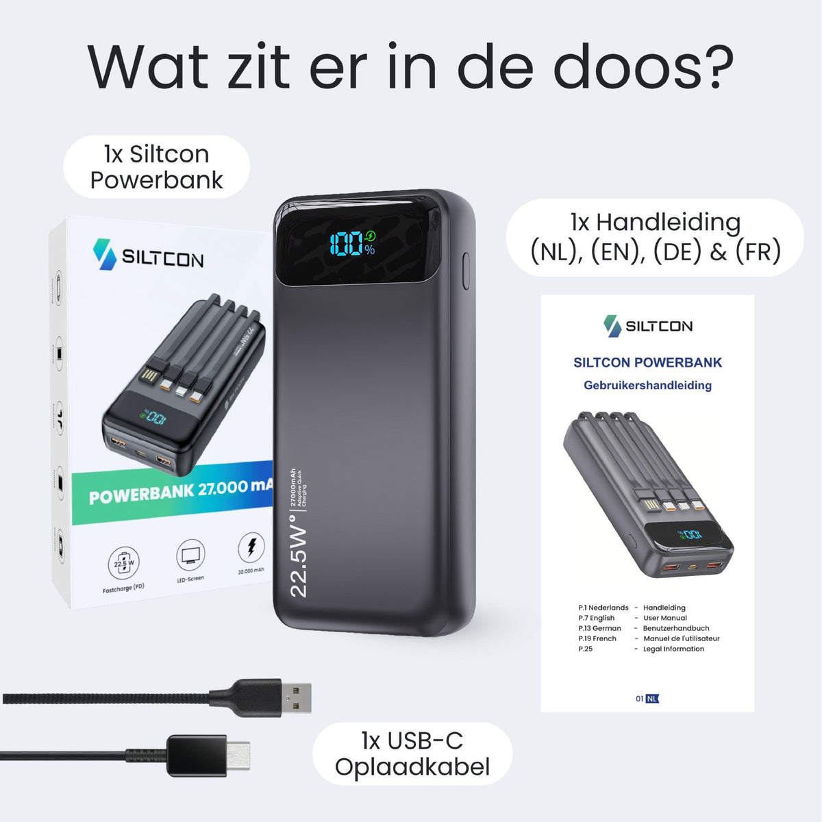 Siltcon® Powerbank 27000 mAh - ingebouwde kabels