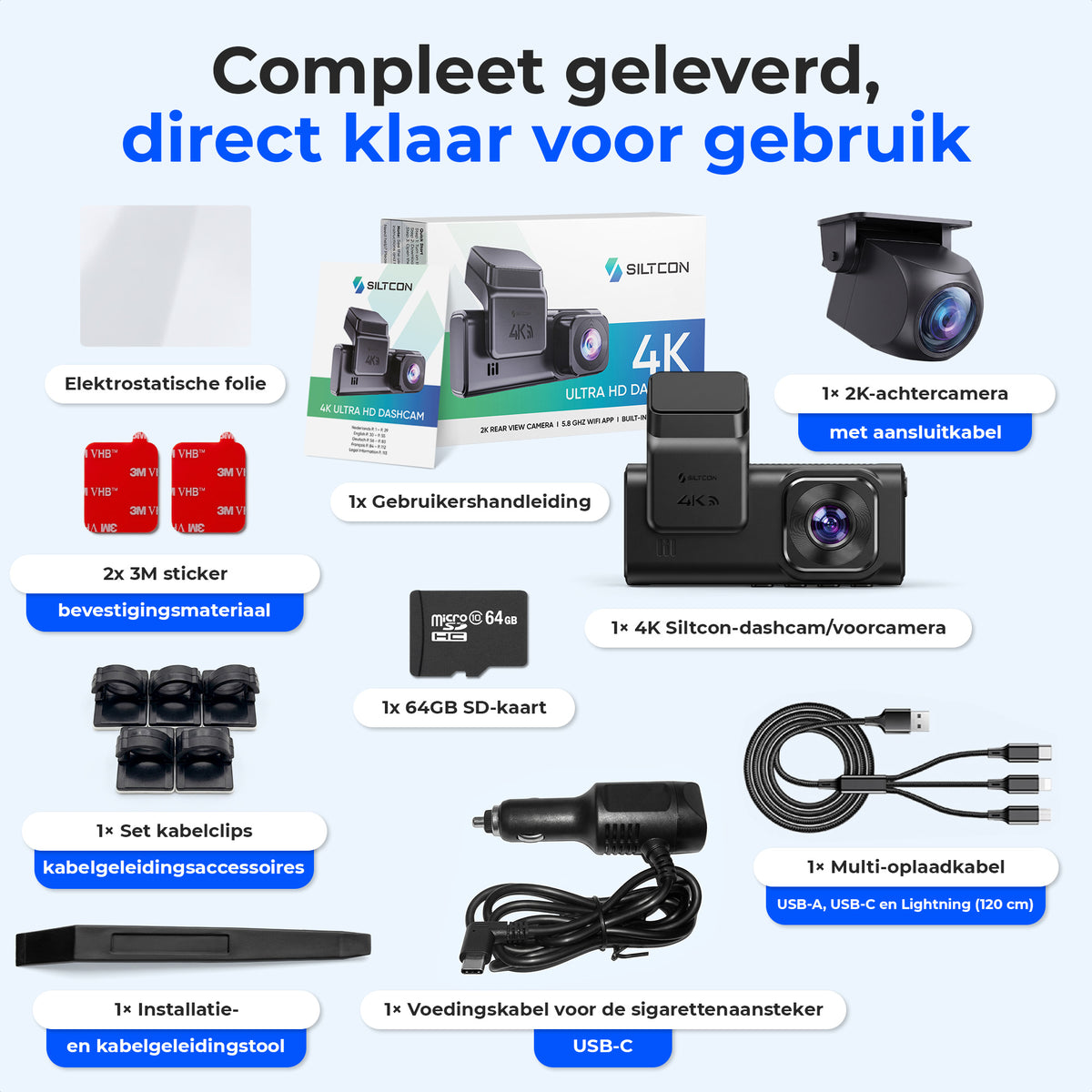 Siltcon Dashcam 4K + 2K Voor & Achter - WiFi GPS - 64GB