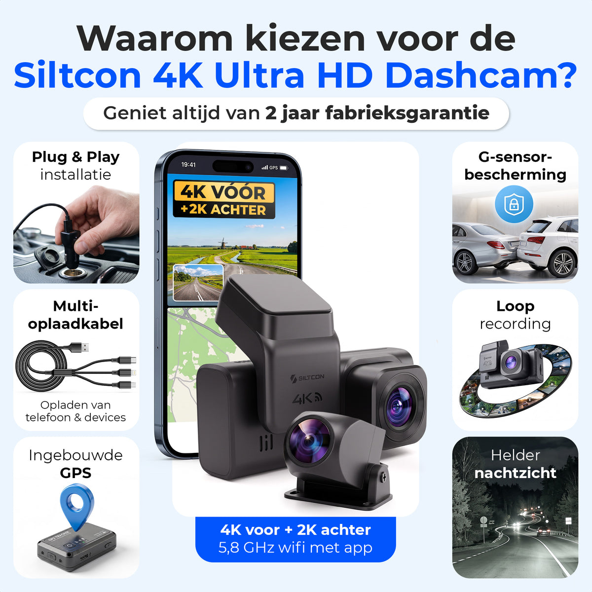 Siltcon Dashcam 4K + 2K Voor & Achter - WiFi GPS - 64GB