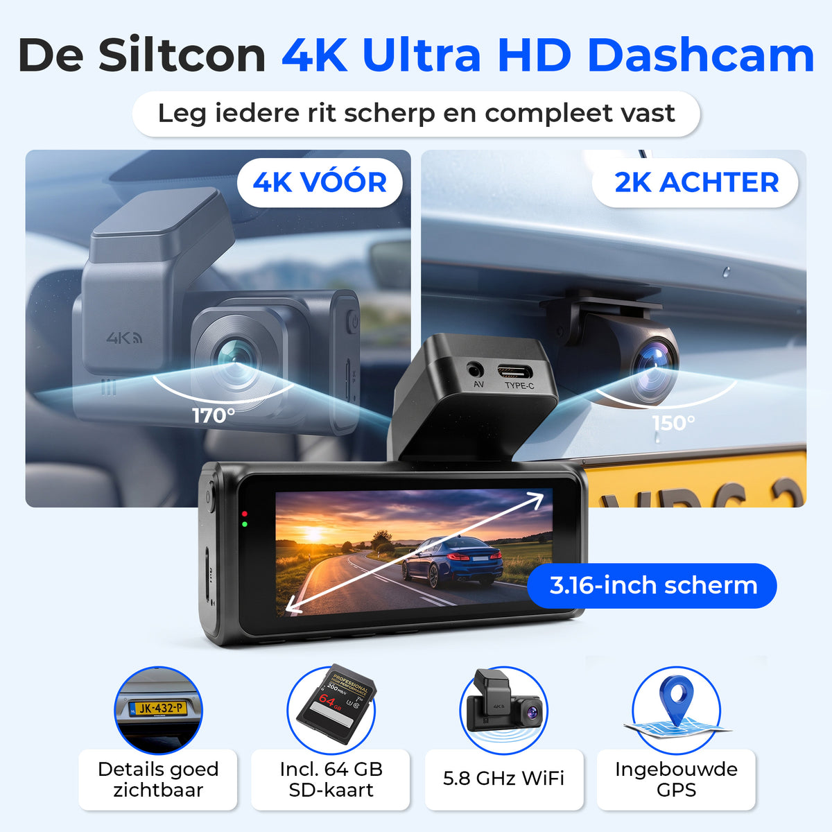 Siltcon Dashcam 4K + 2K Voor & Achter - WiFi GPS - 64GB